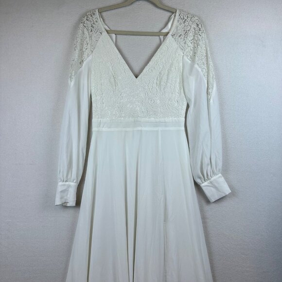 Lulus Astra Lace V Neck Maxi Wedding Dress Size S Chiffon Romantic Rustic Slit - Picture 4 of 10